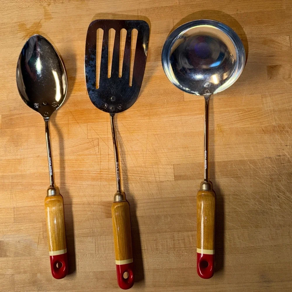 Vintage Ekco Chief Kitchen Utensils Red Wood Handle Stainless Steel. Made In USA